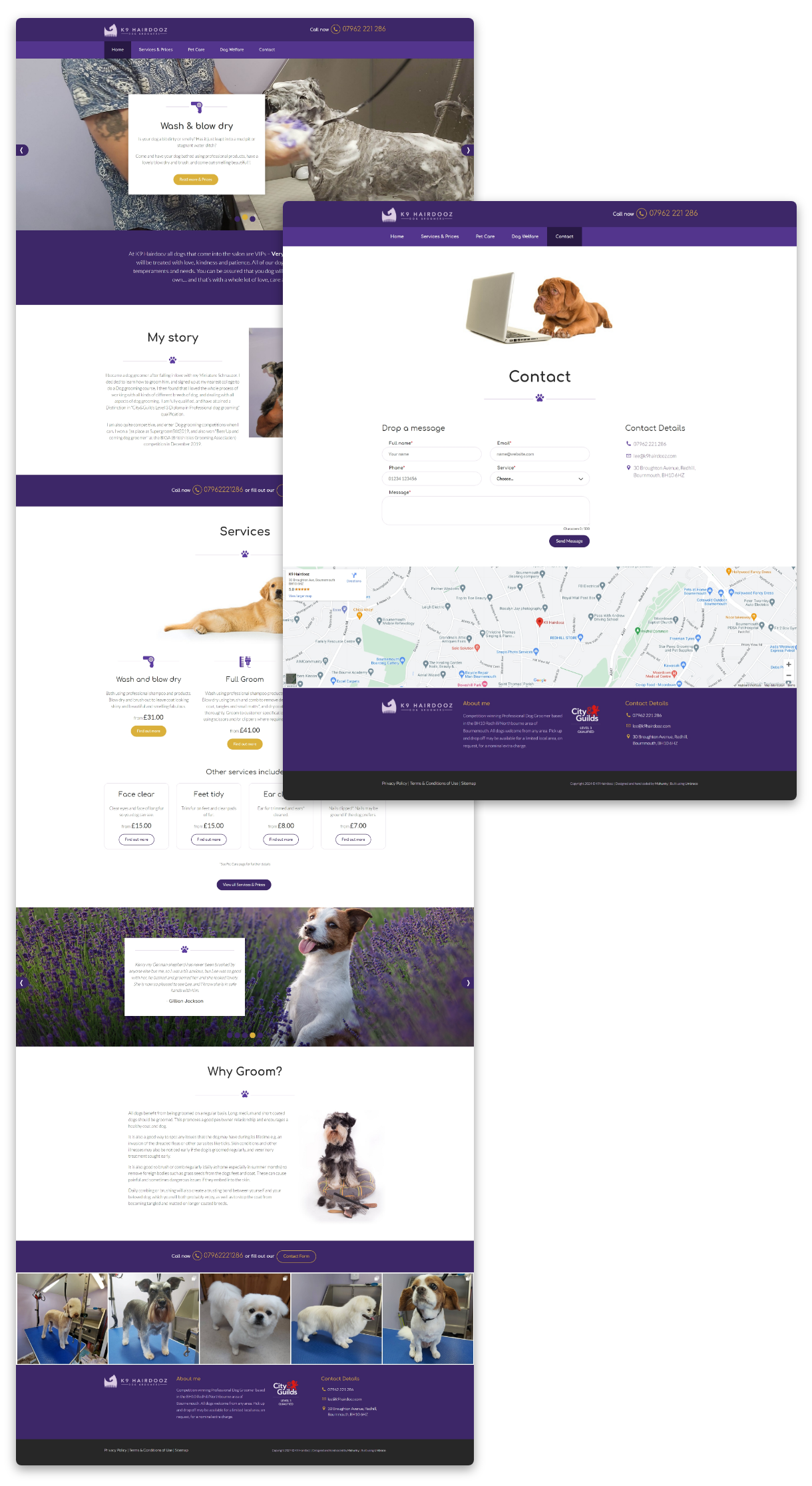 K9 Hairdooz - Screenshot of services page and contact form with location map and contact details