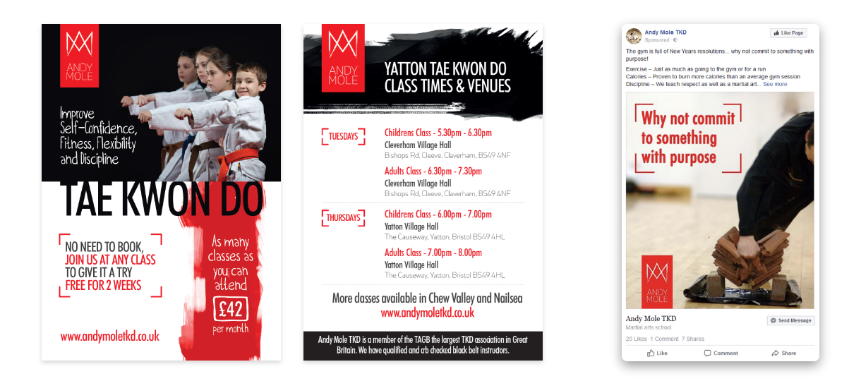 Andy Mole Tae Kwon Do - Marketing/flyer/facebook examples showing venue and class times