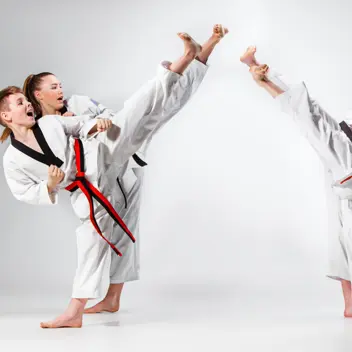 Andy Mole Tae Kwon Do - Tile Image - 4 kids practicing martial arts kicks in the air towards each other