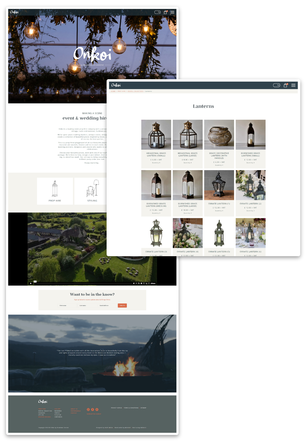 Onkoi - Screenshots of product search pages showing all lantern products available for hire.
