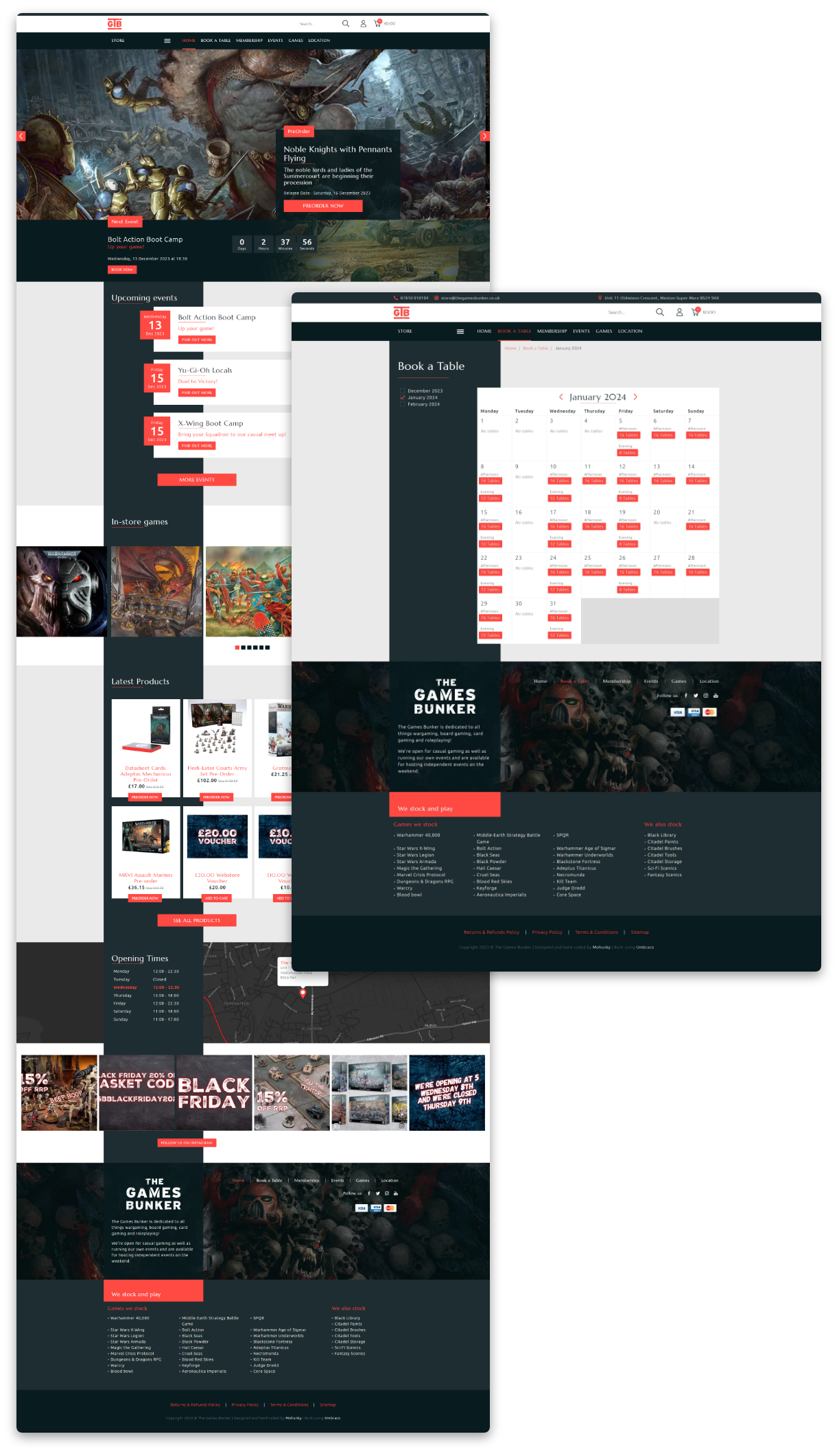 The Games Bunker - Screenshot of an example table booking screen where users can check availability of tables to book