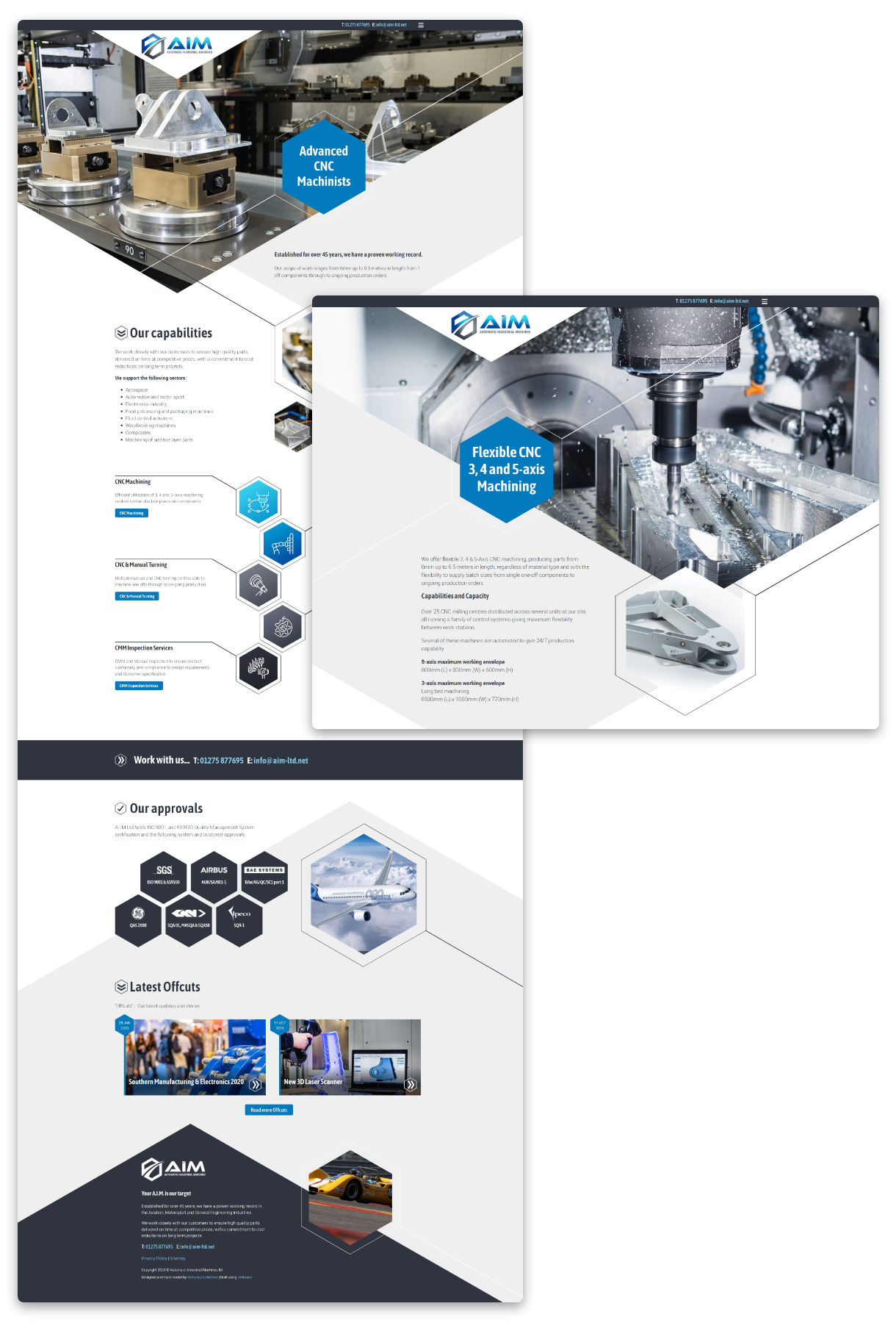 AIM ltd - Screen shot of AIM home page and CNC machining detail showing hexagonal design/theme