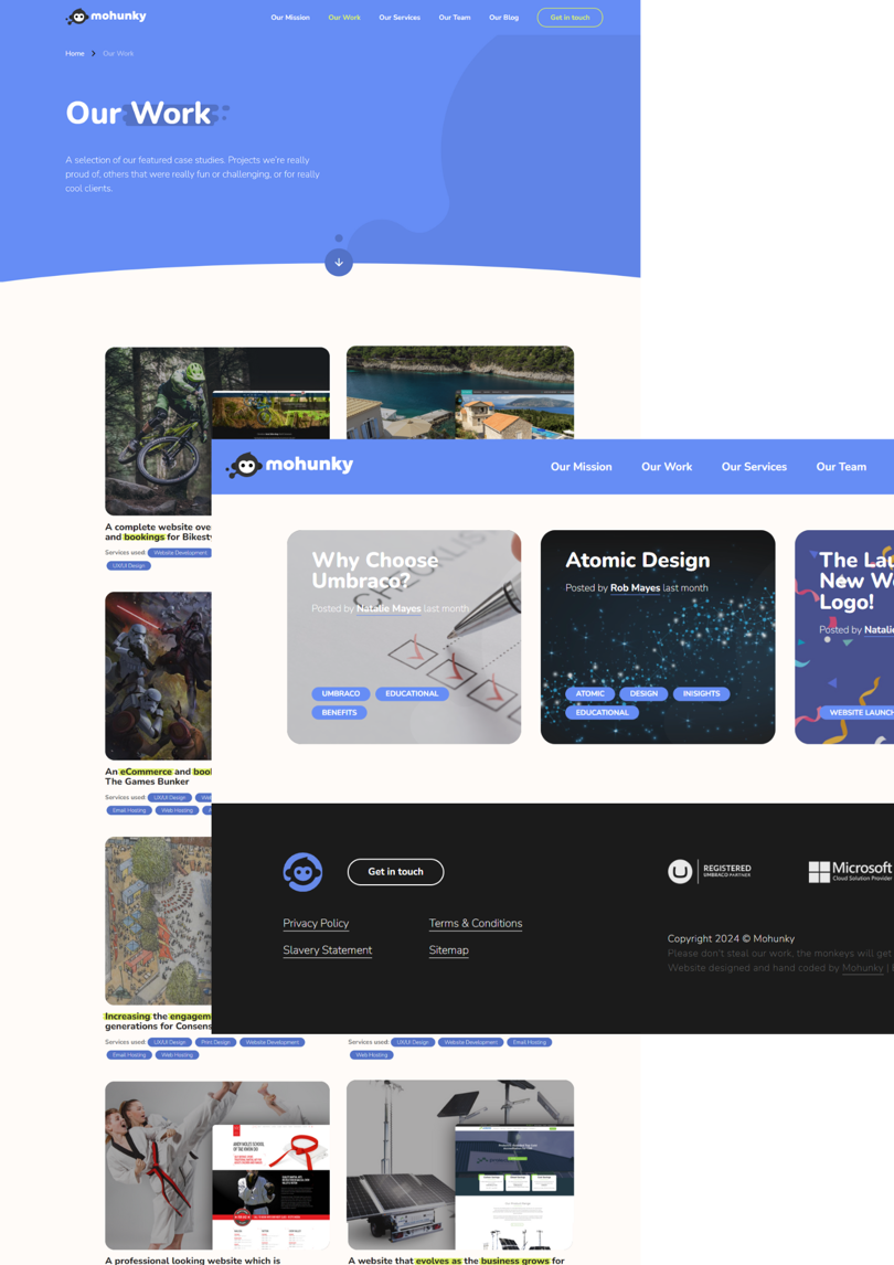 Screenshots of 'our work' and 'blog' pages on the mohunky website