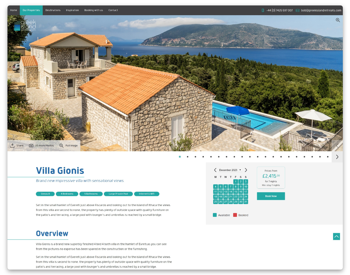 Greek Island Retreats - Full Size Screen showing the property information and availability for Villa Gionis