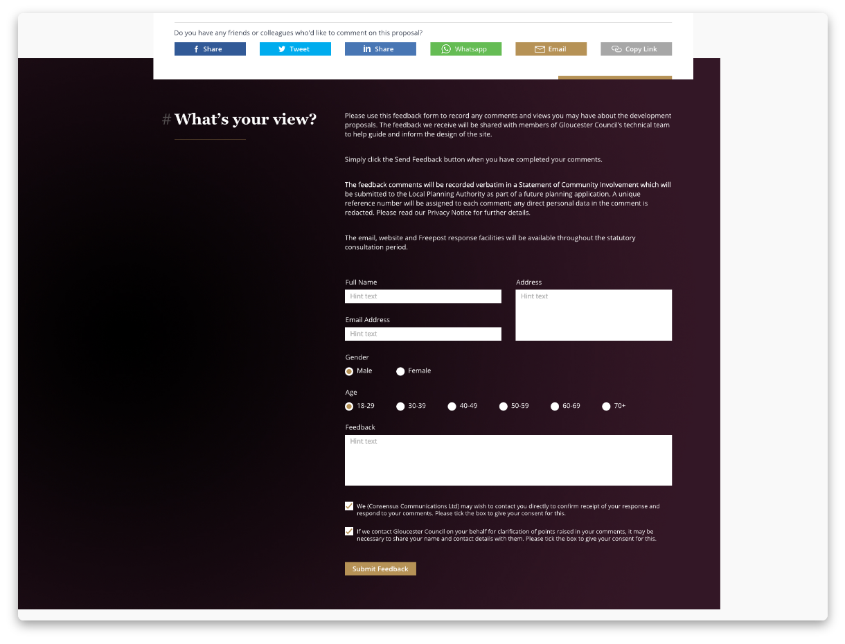 Consensus - Screenshot of contact form with multiple input fields requesting users viewpoint on the proposed development