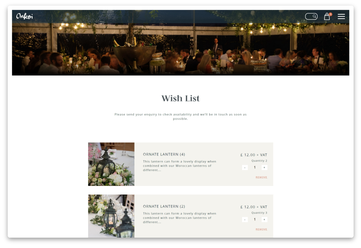 Onkoi - Screenshot of wishlist page created by mohunky giving user information on the item and the option to add item to basket