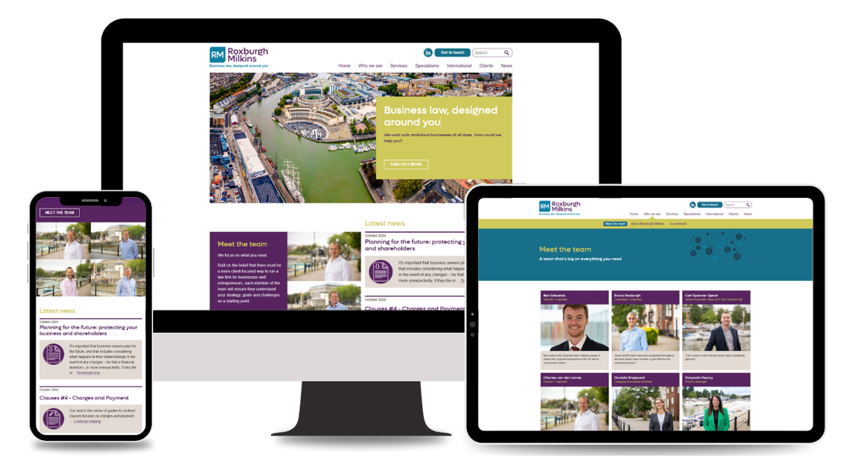 A trio of different digital devices with each one displaying a different screenshot of the new Roxburgh Milkins website