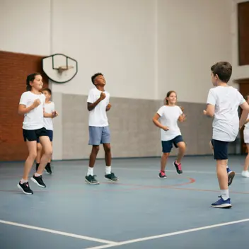 A group of school kids running on a spot in a school gym lead by a teacher (right)