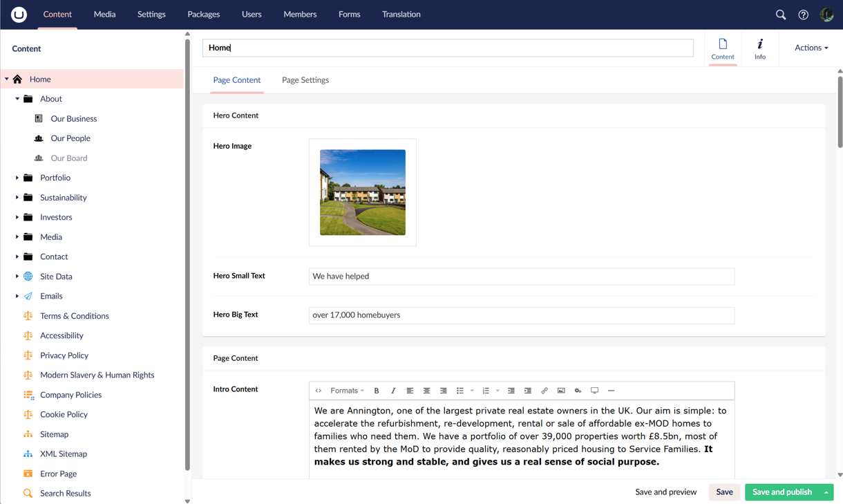 Annington - Screenshot of the Umbraco back end editor