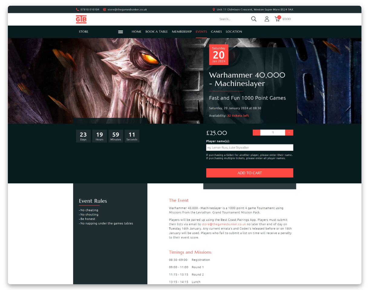 The Games Bunker - Screen shot of an example events page showing event detail and cost with the option to add to basket