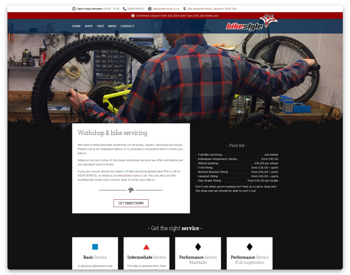 Bike Style - Screenshot of example of bike servicing web page listing services on offer