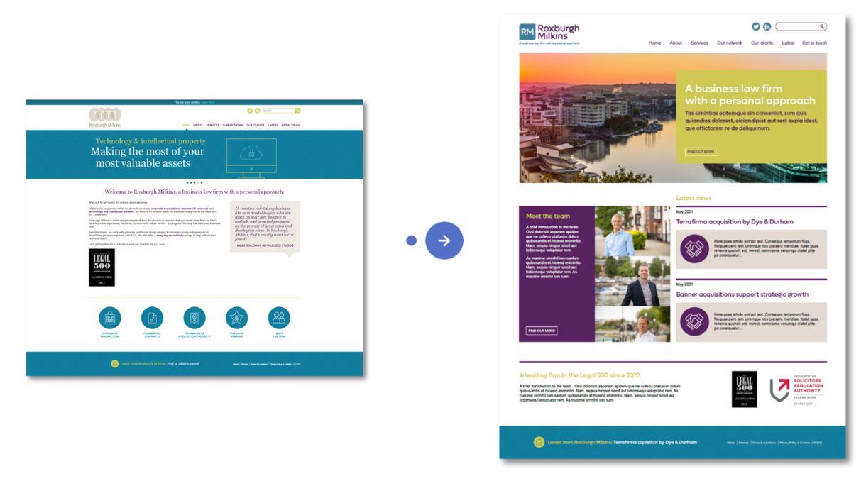 Screenshot of old basic website vs new updated and refreshed website design