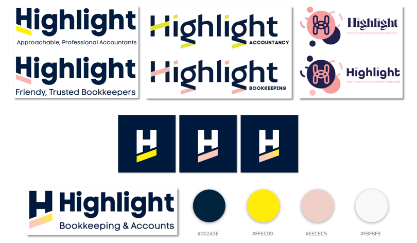 Highlight Accounting - A montage of 3 different design concepts for Highlight Accounting and Bookkeeping. Showing logos and brand colours for both.