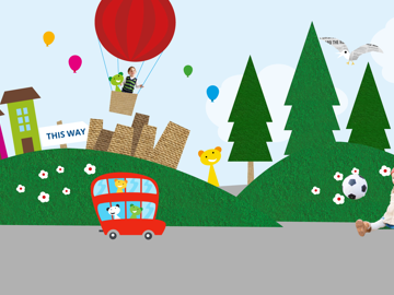 Redbus Nursery - Zoomed in section of hero image showing a bright red bus moving along a cartoon road with large rolling green hills and a photo of a girl kicking a football