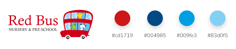 Red Bus Nursery - Existing Branding of a bright red bus with friendly cartoon creatures in it and a colour palette of bright red and various shades of blue