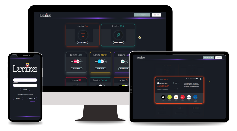 Lumina - Examples of the Lumina app displayed on a phone, desktop and tablet