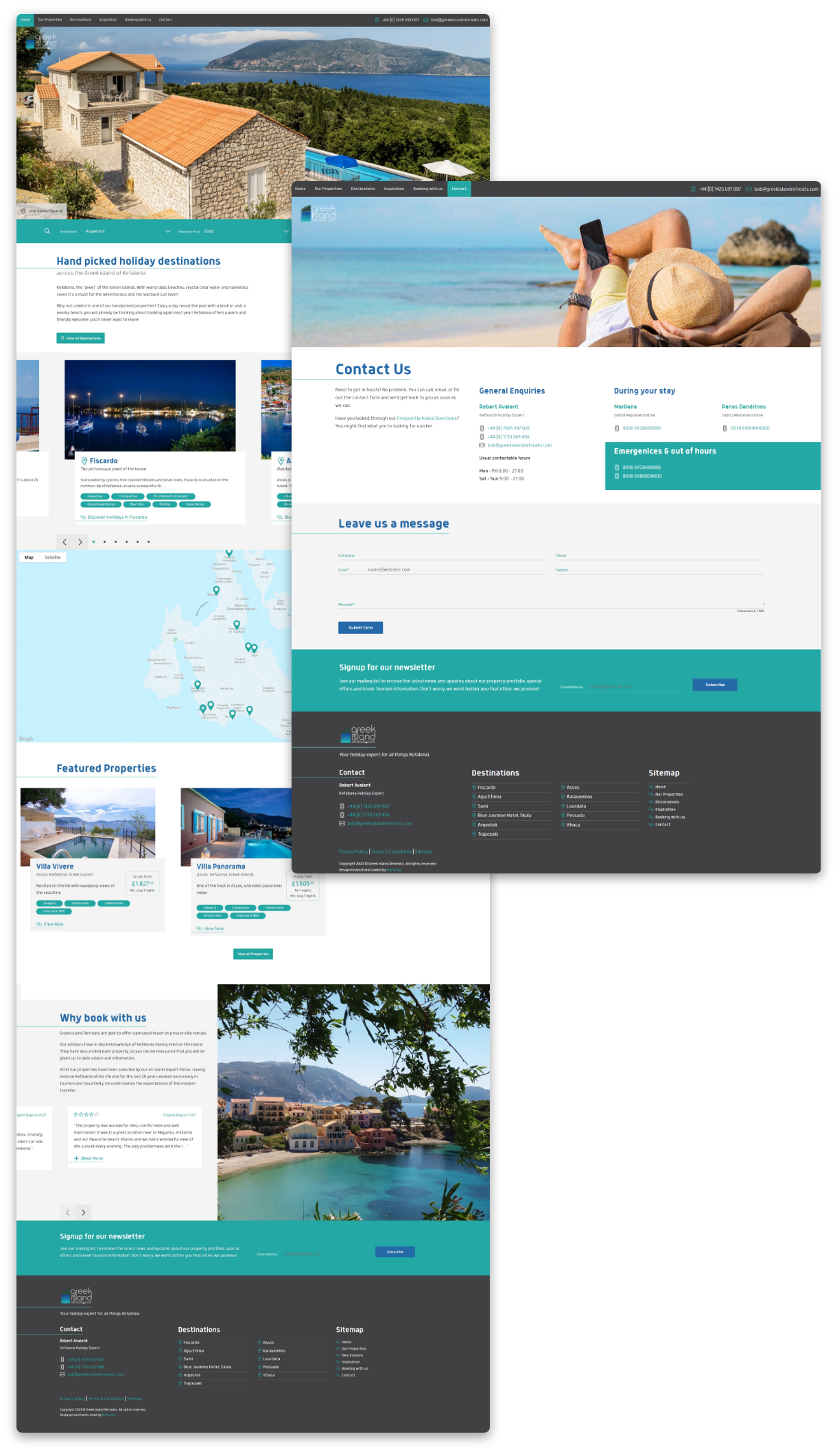 Greek Island Retreats - Screen shot of destination page and contact us page showing maps and contact forms