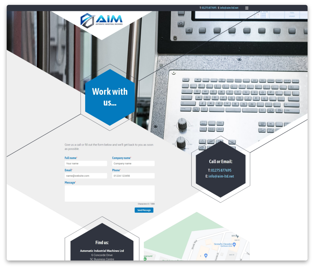 AIM ltd - Screenshot of contact/work for us form with contact details and location map