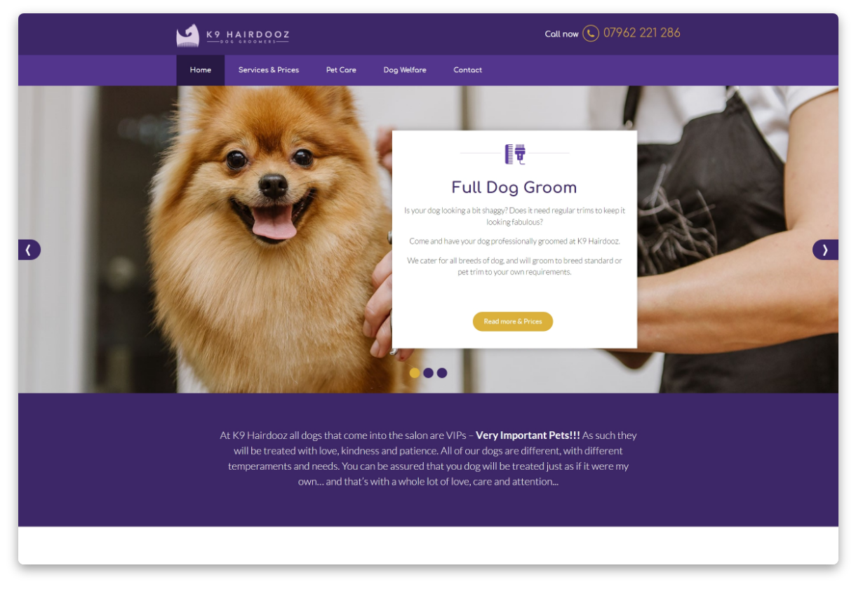 K9 Hairdooz - Screenshot of landing page on a tablet showing company information and services offered