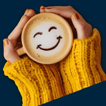 Frothy mug of coffee with a smile detail in the foam held in a ladies hands with a yellow jumper pulled all the way to her palms