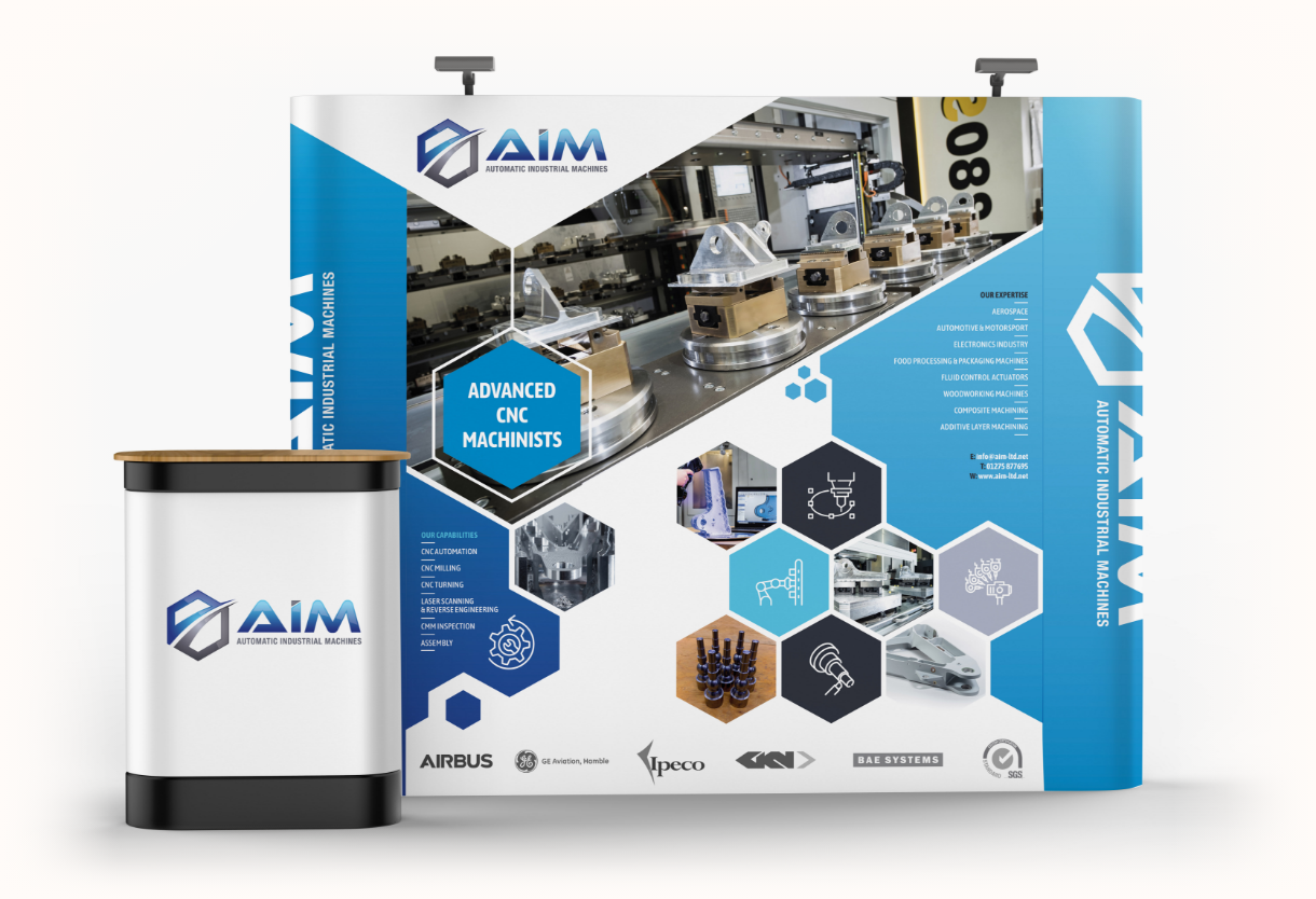 AIM ltd - Popup Stand displaying company overview. Designed by creatives at Mohunky.