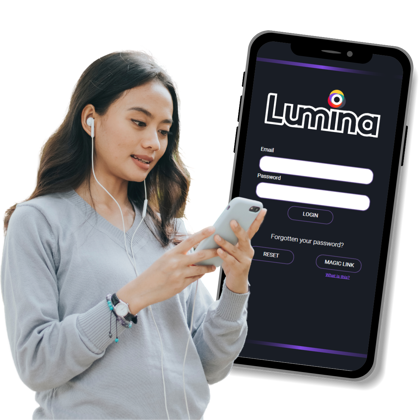Lumina - A young Asian woman dressed in grey looking at her phone along side a iphone mock up of the lumina app login page