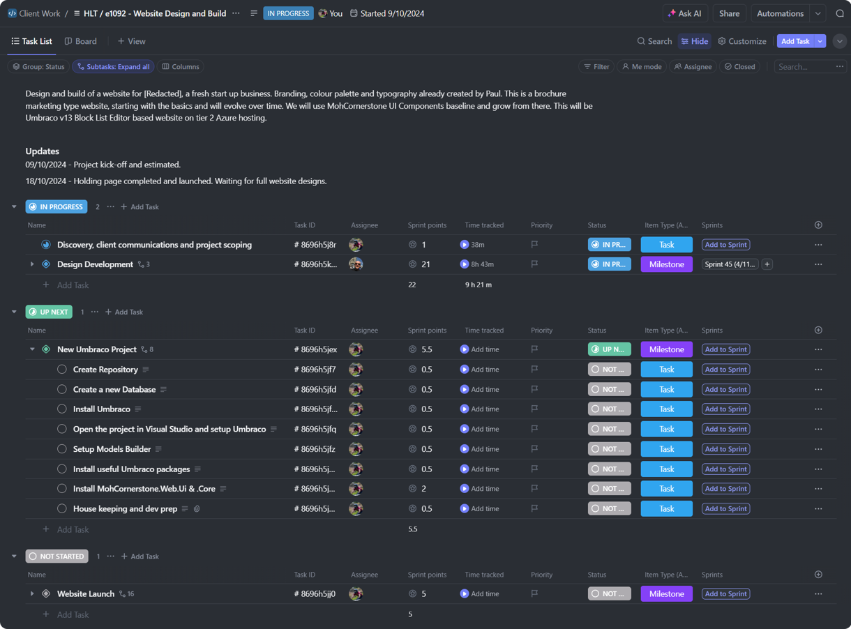 Example of a small website project set up in ClickUp showing tasks and task progression