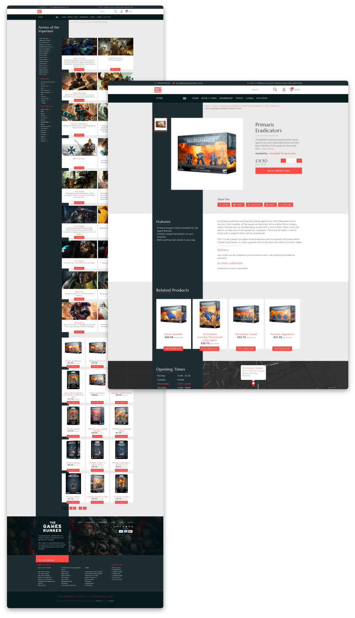 The Games Bunker - Screen shot of an example vast product library and product page showing product detail and cost with the option to add to basket
