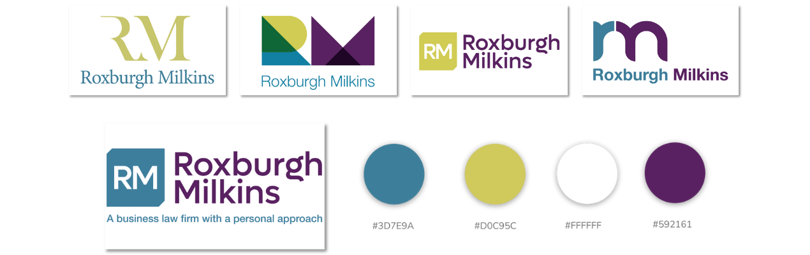 A montage of different design concepts for Roxburgh Milkins. Showing logos and brand colours for both.
