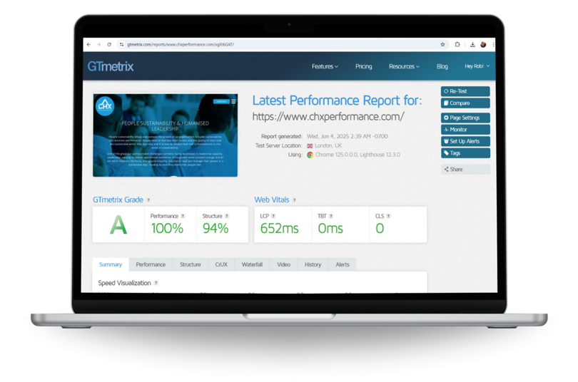 CHX - Screenshot of the GT Metrix report showing A grade status