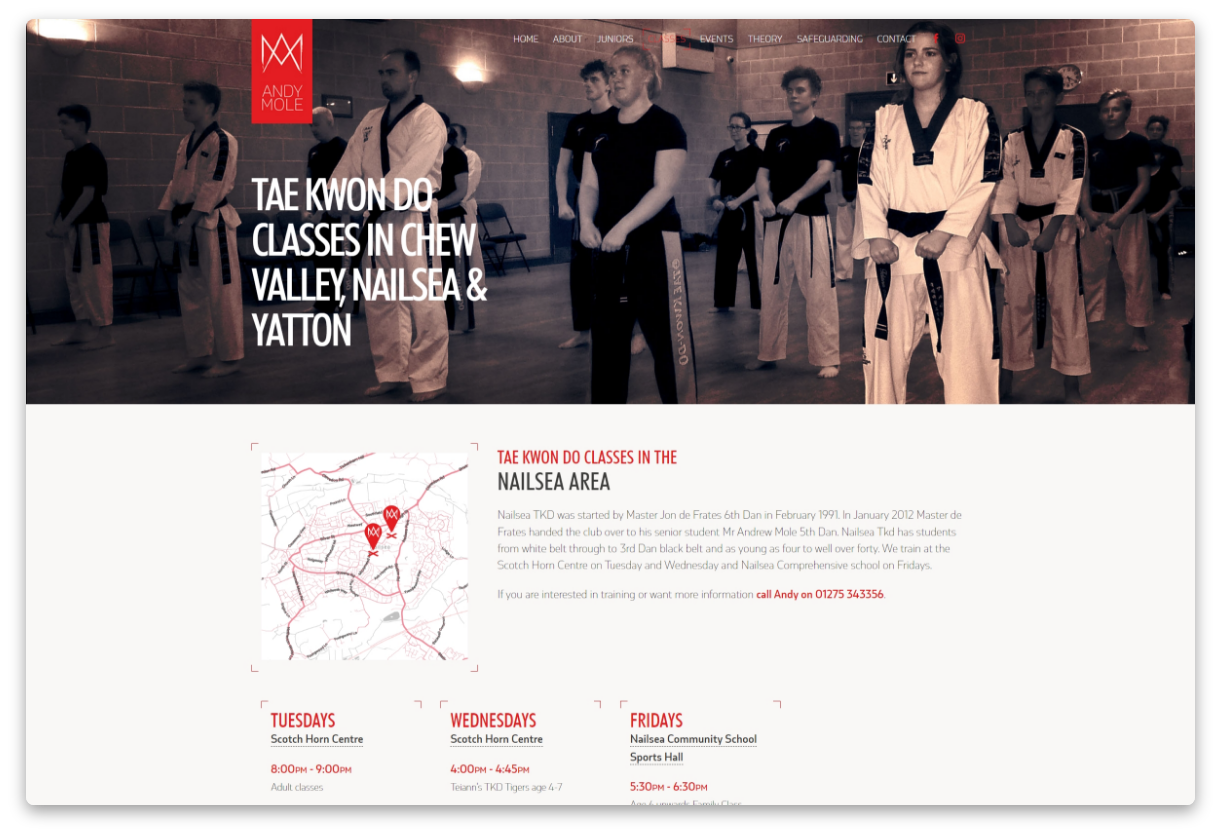 Andy Mole Tae Kwon Do - Screenshot of classes page showing locations of all the venues