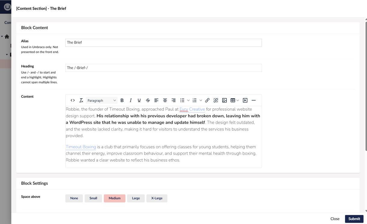 Screenshot of a content editor block